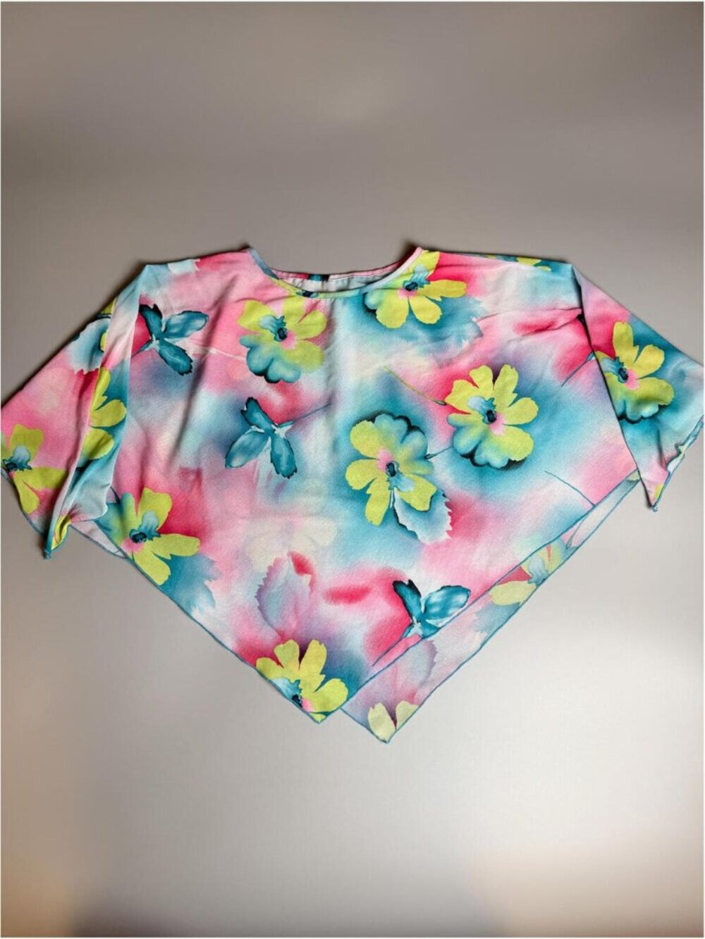 Vintage Floral Chiffon Shawl Top, Sheer Butterfly Print, Festival Layering Piece